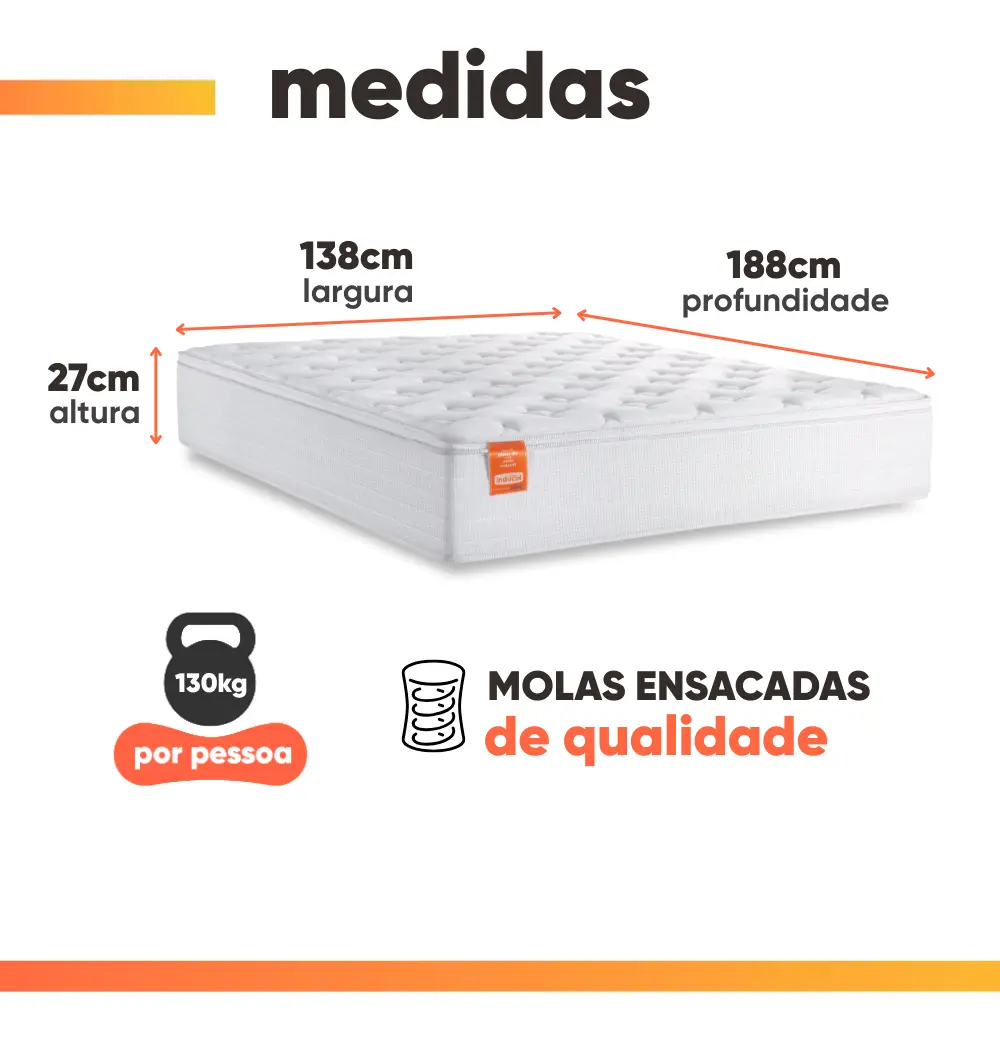 Colchão Casal CBP Inducol Molas Ensacadas Pillow Top 138x188x27cm Branco