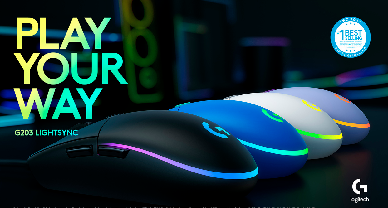Mouse Gamer Logitech G203 LIGHTSYNC RGB, Efeito de Ondas de Cores, 6 Botões Programáveis e Até 8.000 DPI (Lilás / Branco)