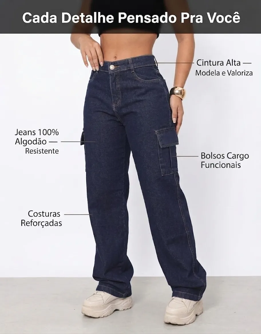 Calça Cargo Feminina Wide Leg Cintura Alta Jeans Stillger