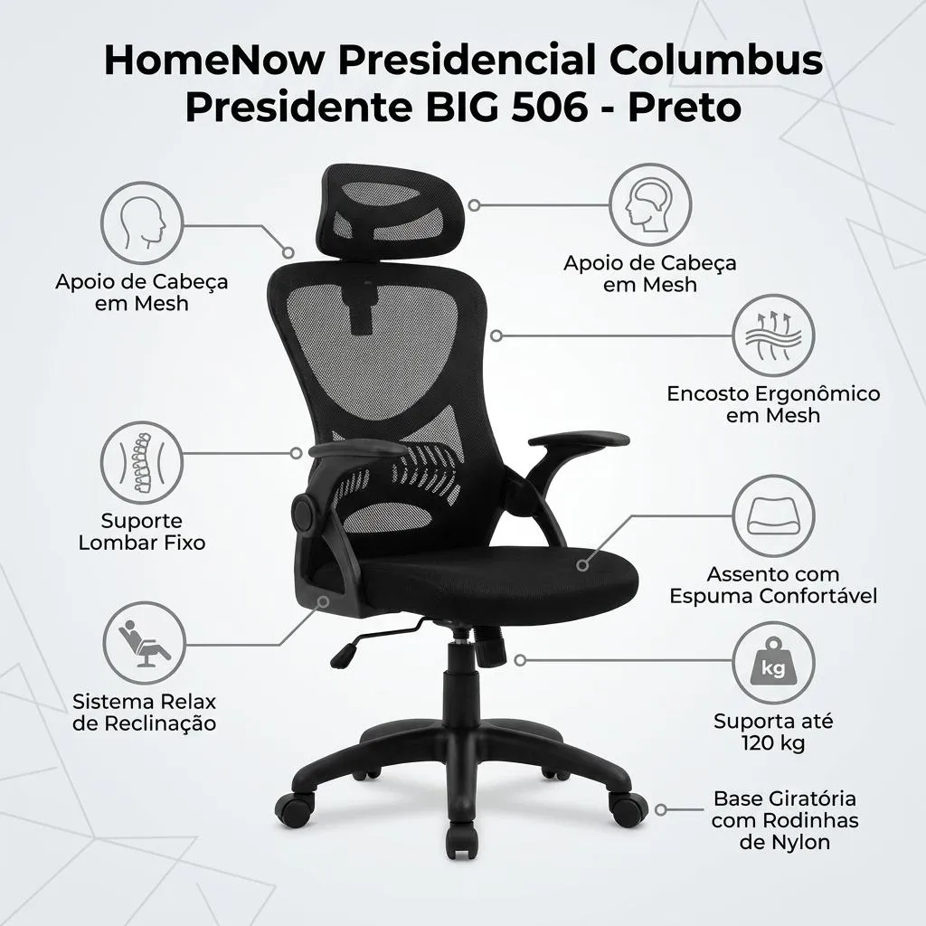 Cadeira de Escritório Giratória HomeNow Columbus Presidente Preta com Tela Mesh