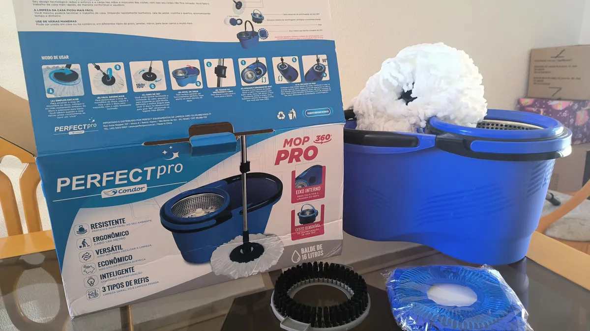 Esfregão Perfect Pro Mop 360° Balde Inox Cabo Longo Microfibra 16L