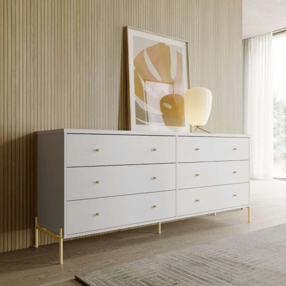 Cômoda C/ 6 Gavetas Jasper 180 Cm - Branco C/ Dourado