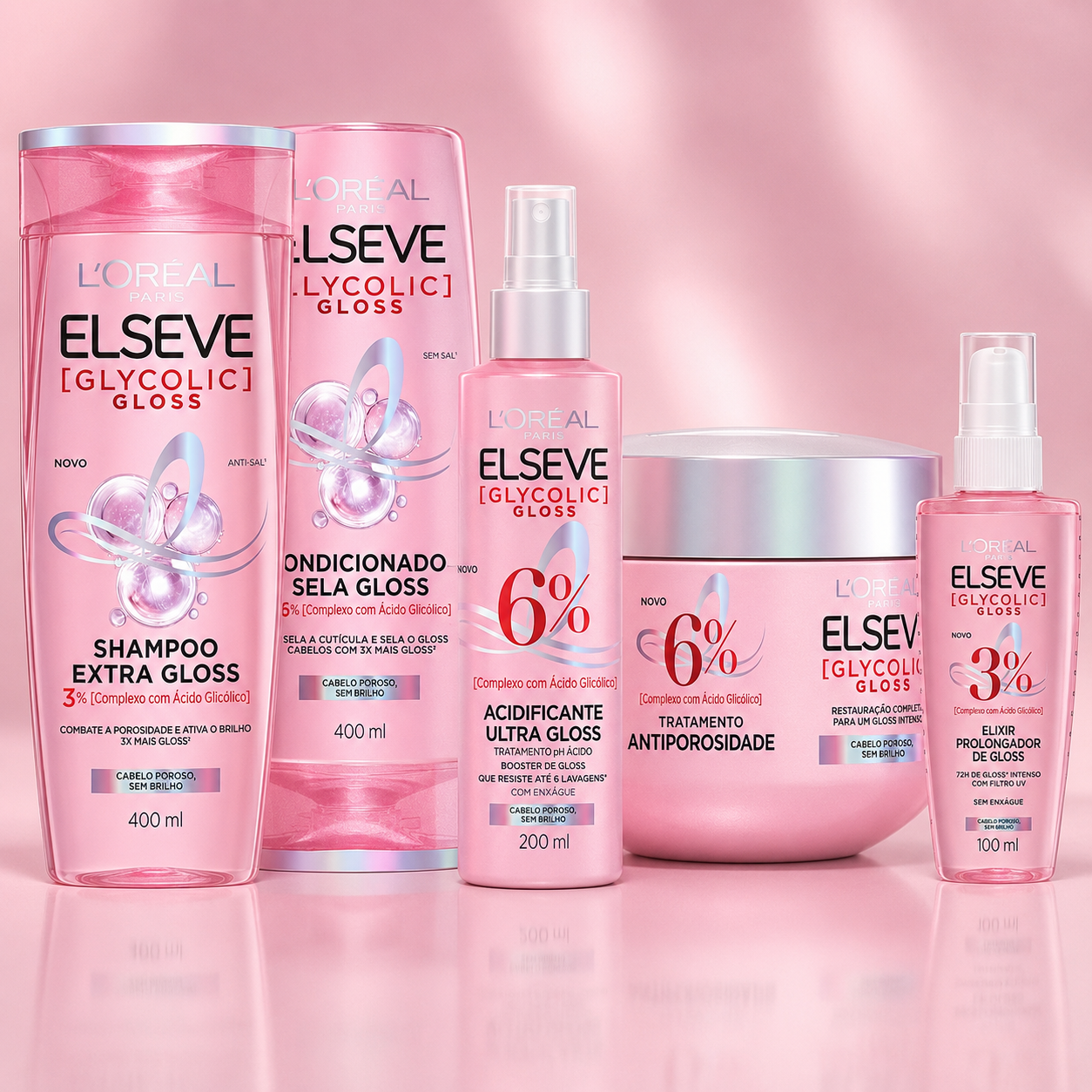 Kit Tratamento Capilar L'Oréal Paris Elseve Glycolic Gloss, Combate Porosidade, 5 Produtos para Brilho e Alinhamento