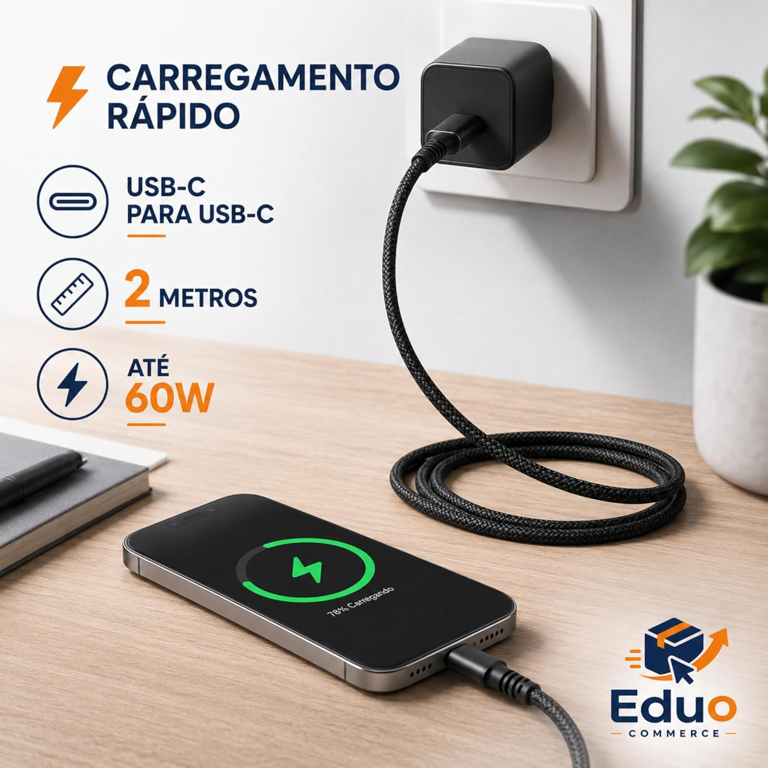 CABO USB-C COM 2 METROS DE COMPRIMENTO, BOM PRA QUEM NÃO TEM TOMADA PERTO DA CAMA