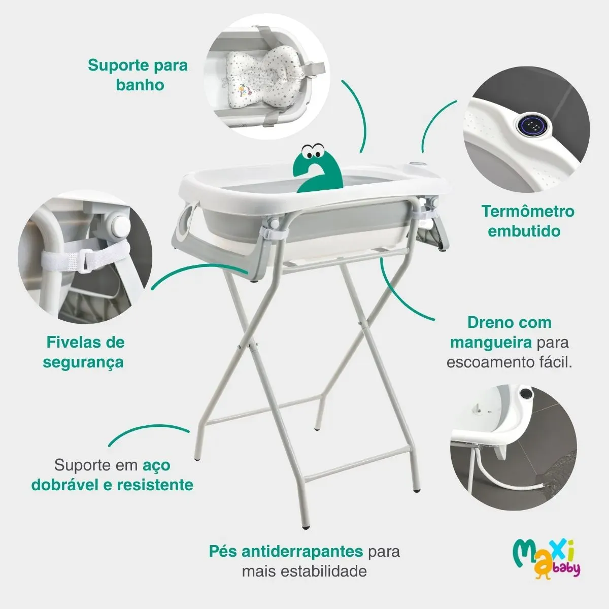 BANHEIRA DOBRÁVEL COM SUPORTE, TERMÔMETRO EMBUTIDO E PÉS ANTIDERRAPANTES