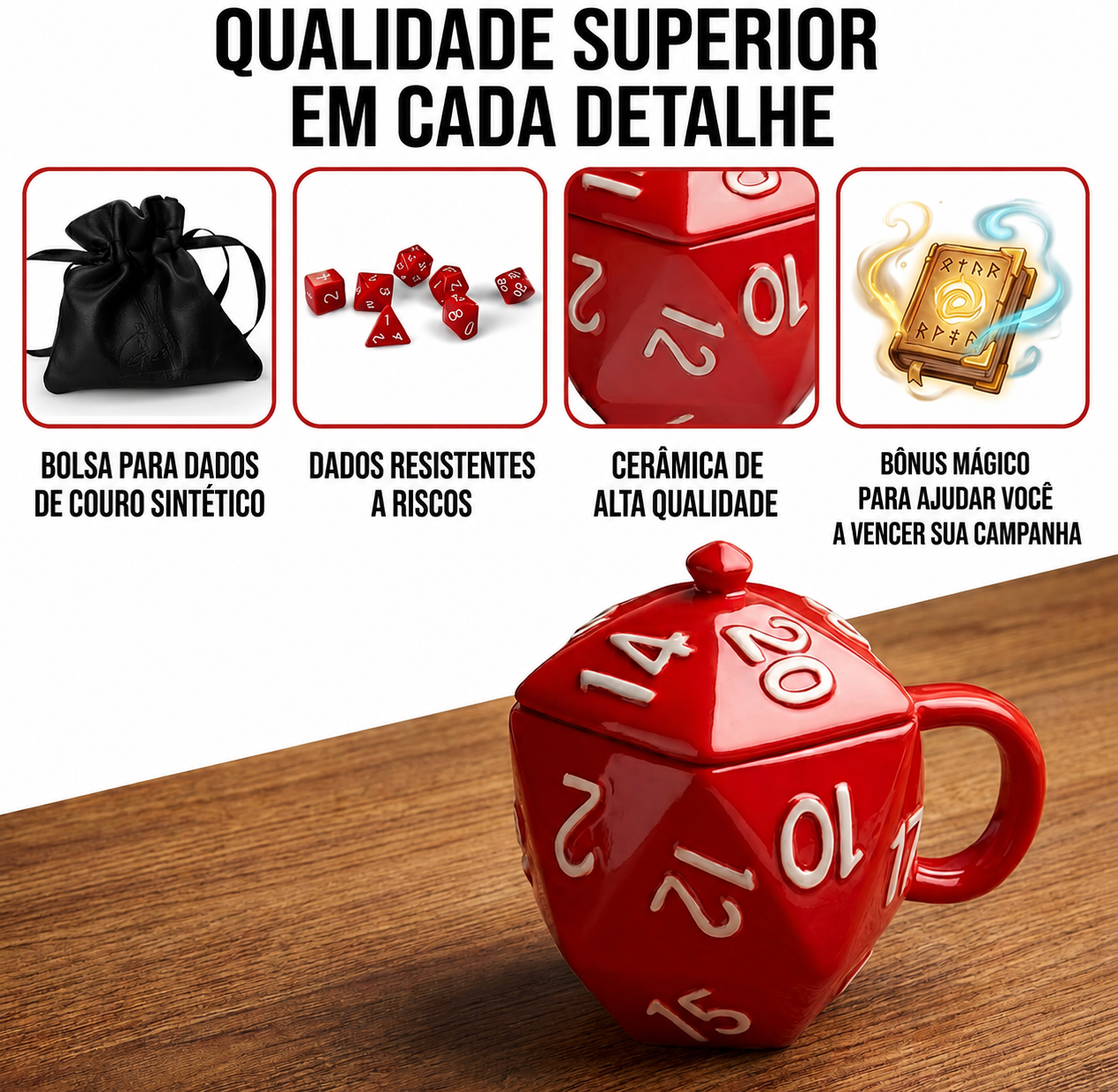 Generix Geek D20 RedDice Cube Ceramic Mug Set – Includes Lid, Vegan Leather Dice Pouch & 7 Red Dice – Ultimate Fantsy RPG Gamers Lovers Gift
