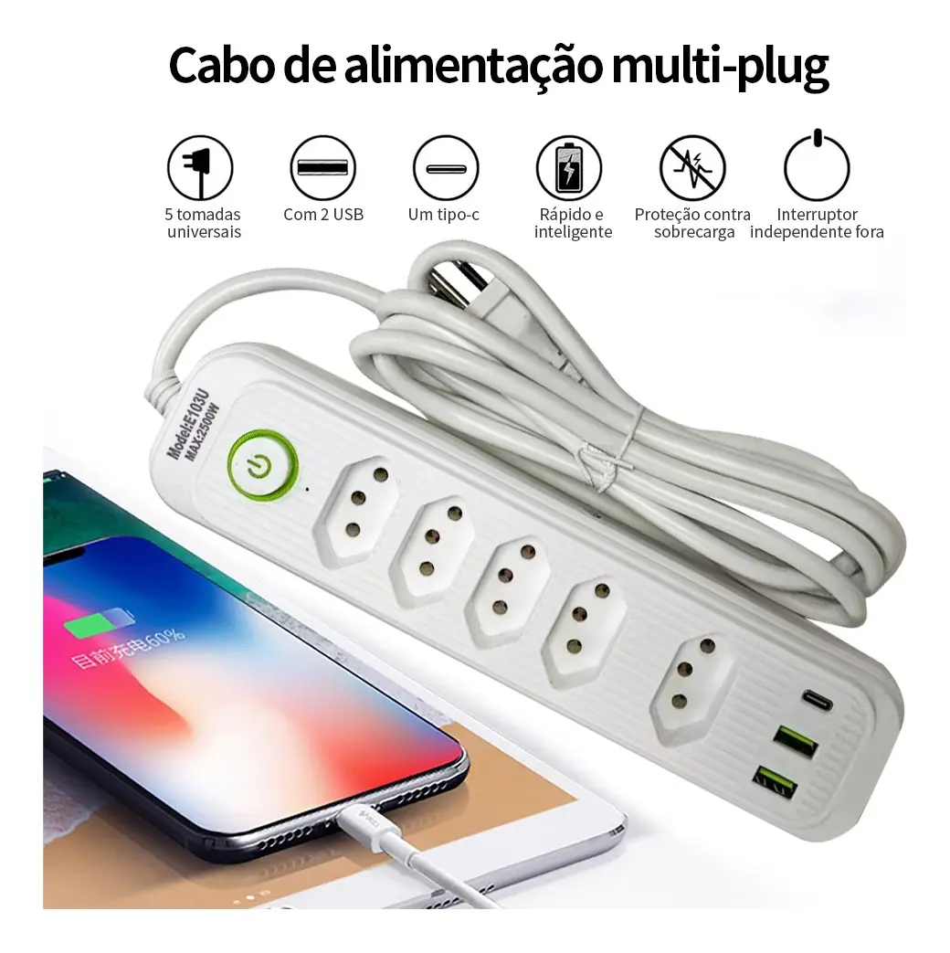 EXTENSÃO COM 5 TOMADAS E PORTAS USB, POUPA ATÉ O CARREGADOR