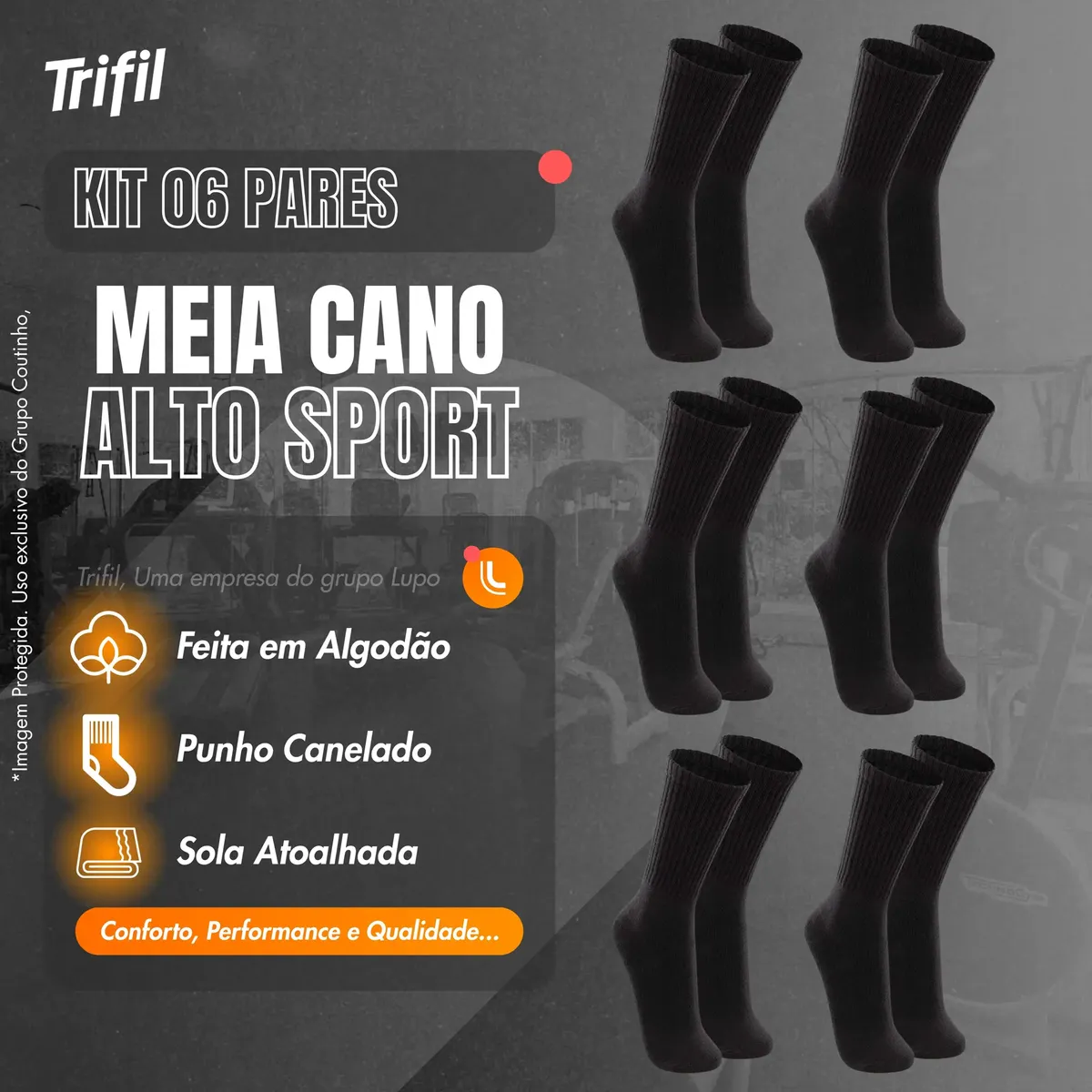 COM DE 6 PARES DE MEIA TIPO CANO ALTO DE ALGODÃO