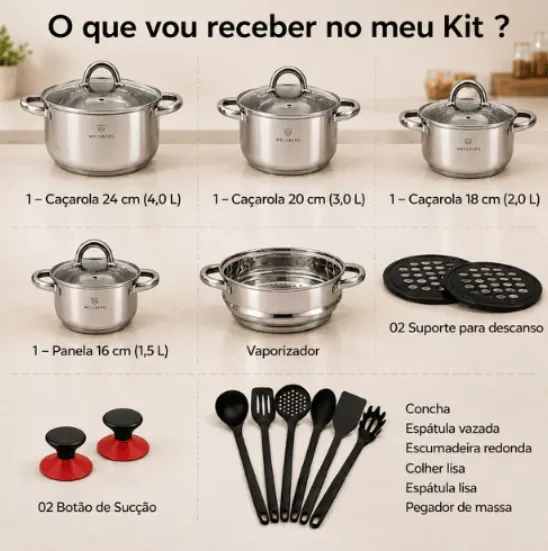 Jogo Panelas Inox 19 Peças Genebra Completo C/ Utensílios