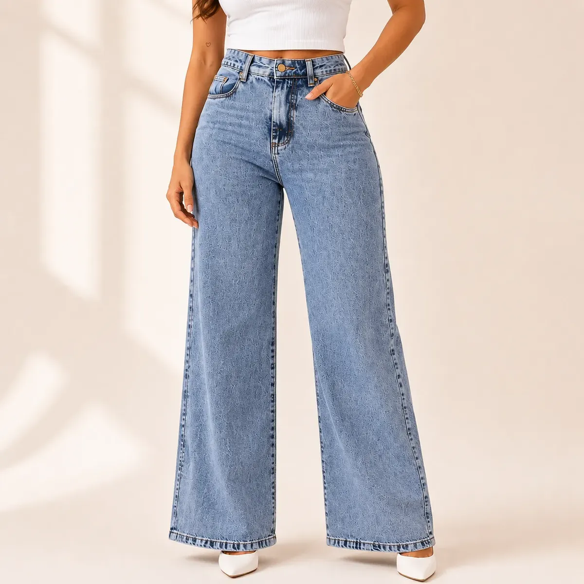 Calça Jeans Pantalona Wide Leg Feminina Cintura Alta Larga