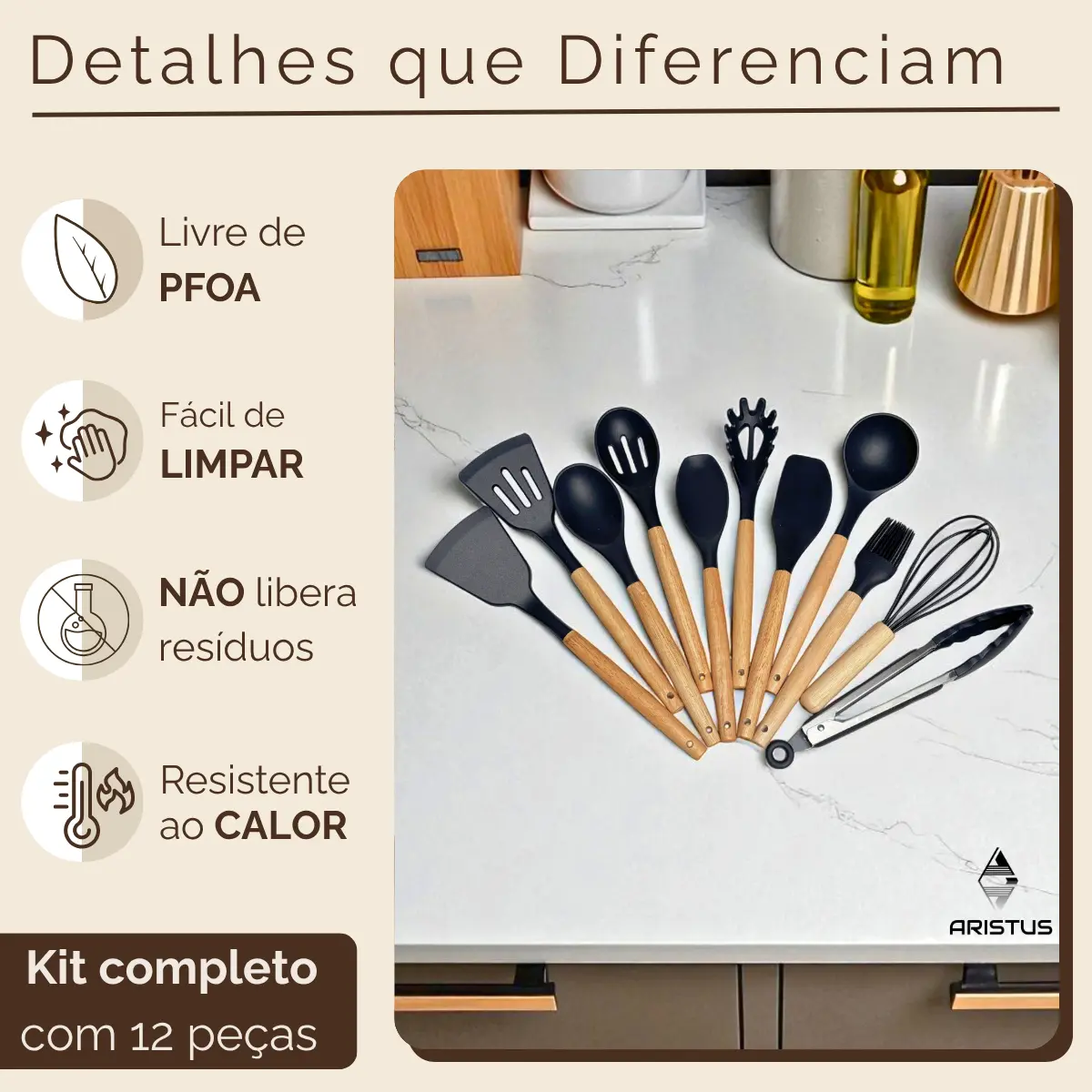 Kit C/12 Utensílios De Cozinha Silicone Cabo Madeira