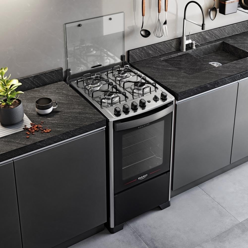Fogão 4 Bocas Dako Magister Grill Preto com Mesa Inox Bivolt - Preto