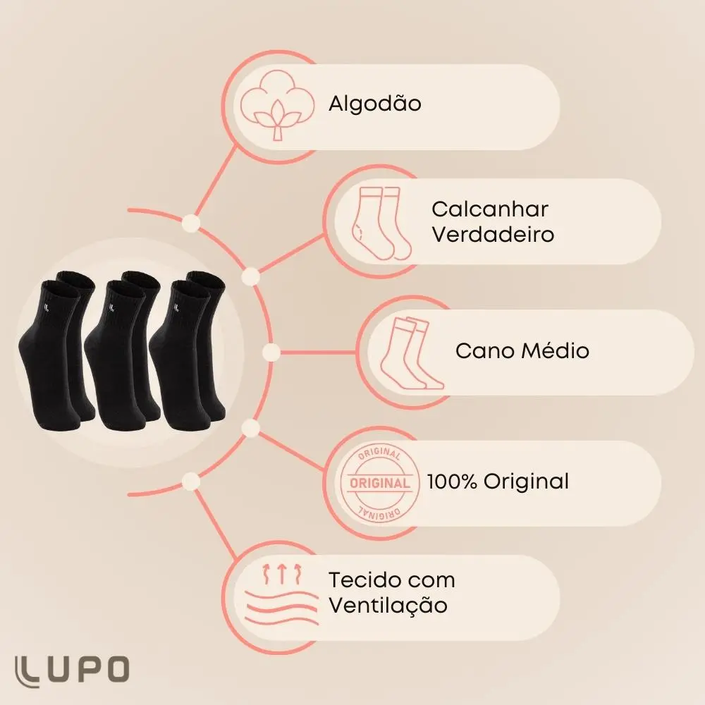 Kit 10 Pares Meia Lupo Original Masculina Cano Médio Algodão