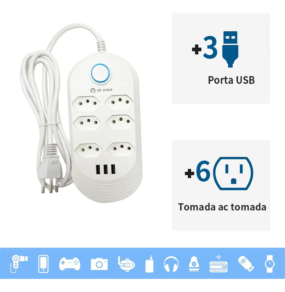 Extensão Elétrica 6 Tomadas Régua Bivolt C/ 3 Usb Cabo 2m