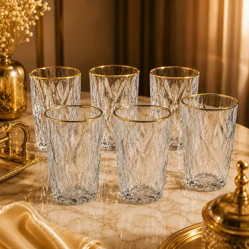 Jogo 6 Copos Altos Vidro 350ml Diamond Clear Borda Dourada Ke Home
