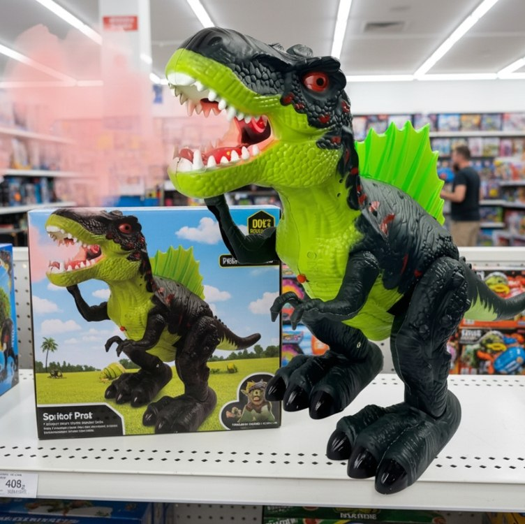 Tiranossauro Rex Brinquedo Solta Fumaça Anda Emite Luz E Som Cor Preto-Verde Personagem Dinossauro