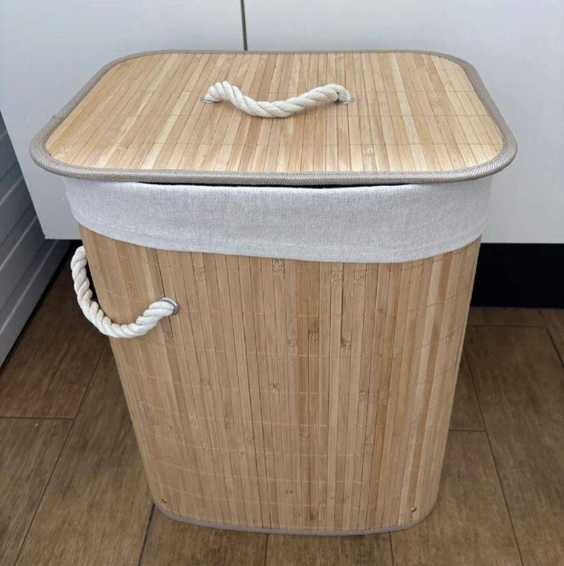 Cesto De Roupa Suja De Bambu Com Tampa E Alças 50 Litros Kontuz
