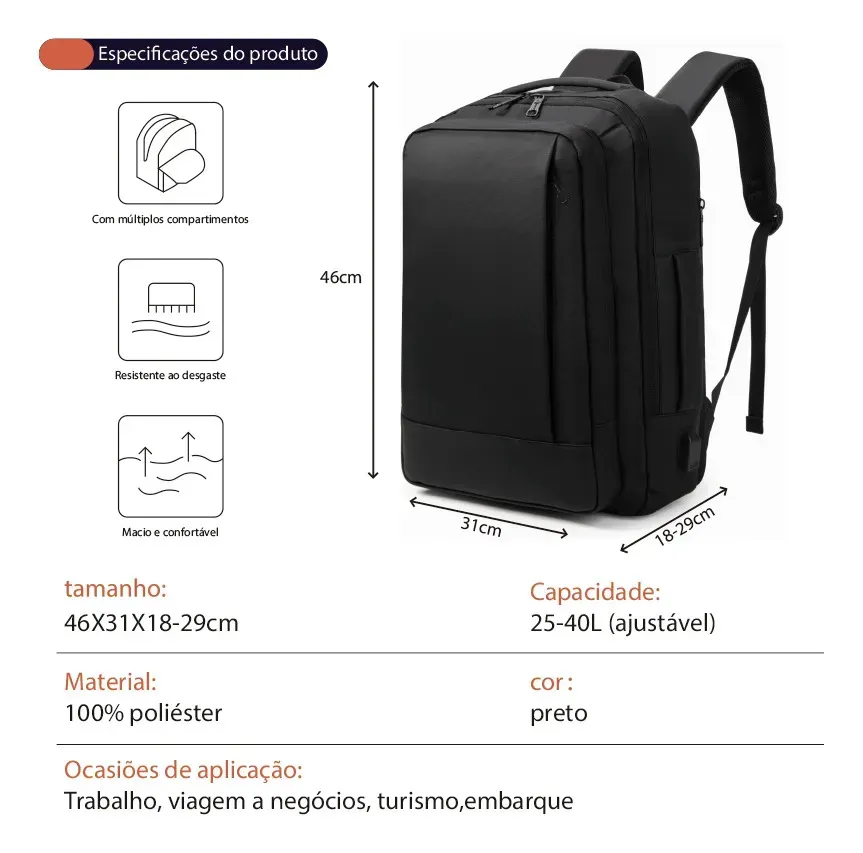 Mochila jiesipote À Prova D&quotágua Reforçada Expansível Cor Preto