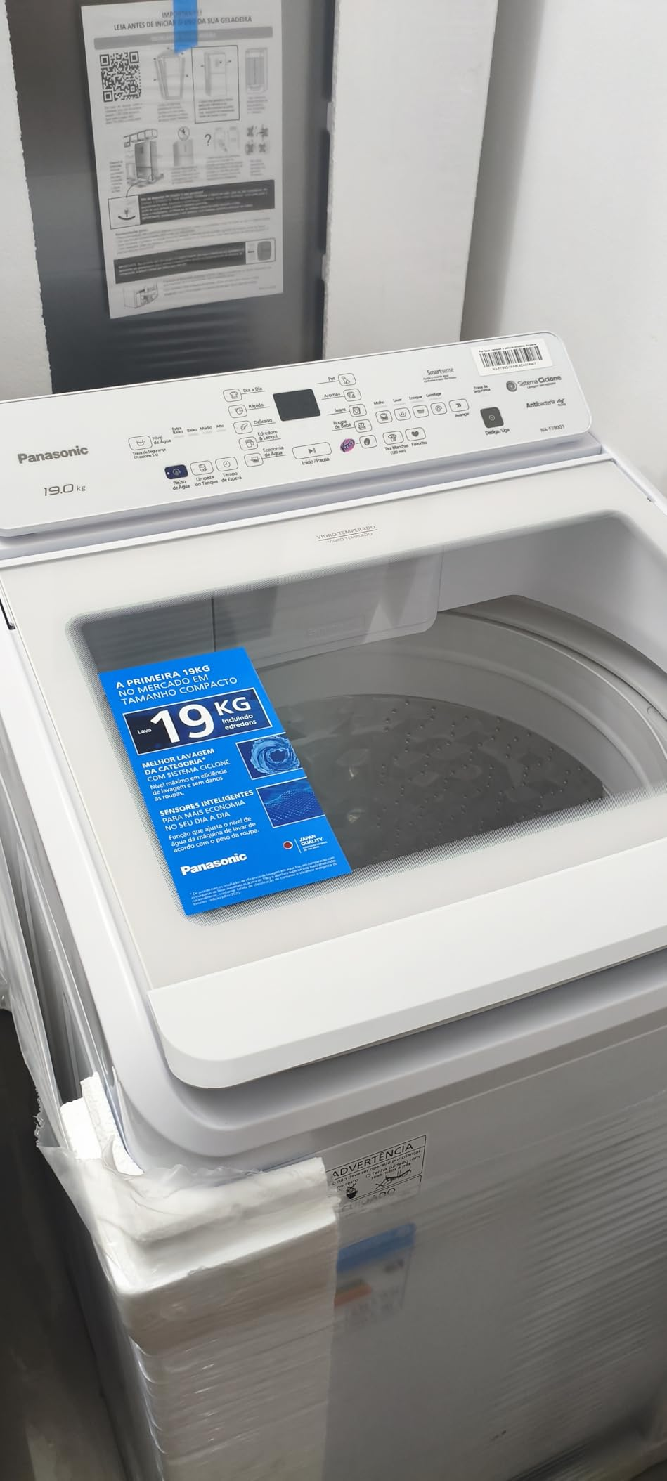 Panasonic NA-F190G1 Máquina de Lavar Top Load, Branco, Classe A, 115x64x72cm, 19Kg, Sistema Ciclone sem Agitador, Painel Digital, Ciclo Pet, Aço Inox (110V, Volts)