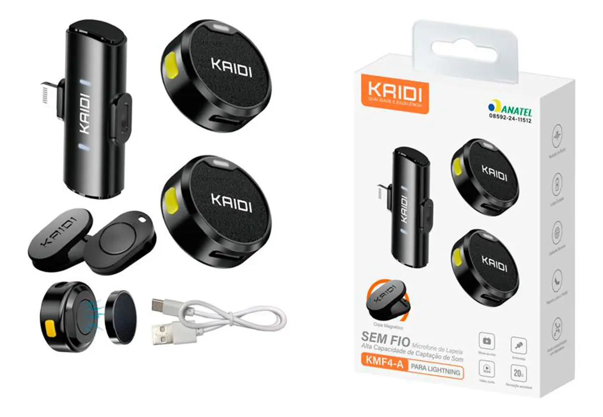 Microfone Sem Fio Lapela KAIDI KMF4-A Imã Duplo Anti Ruído para Iphone 11 12 13 14