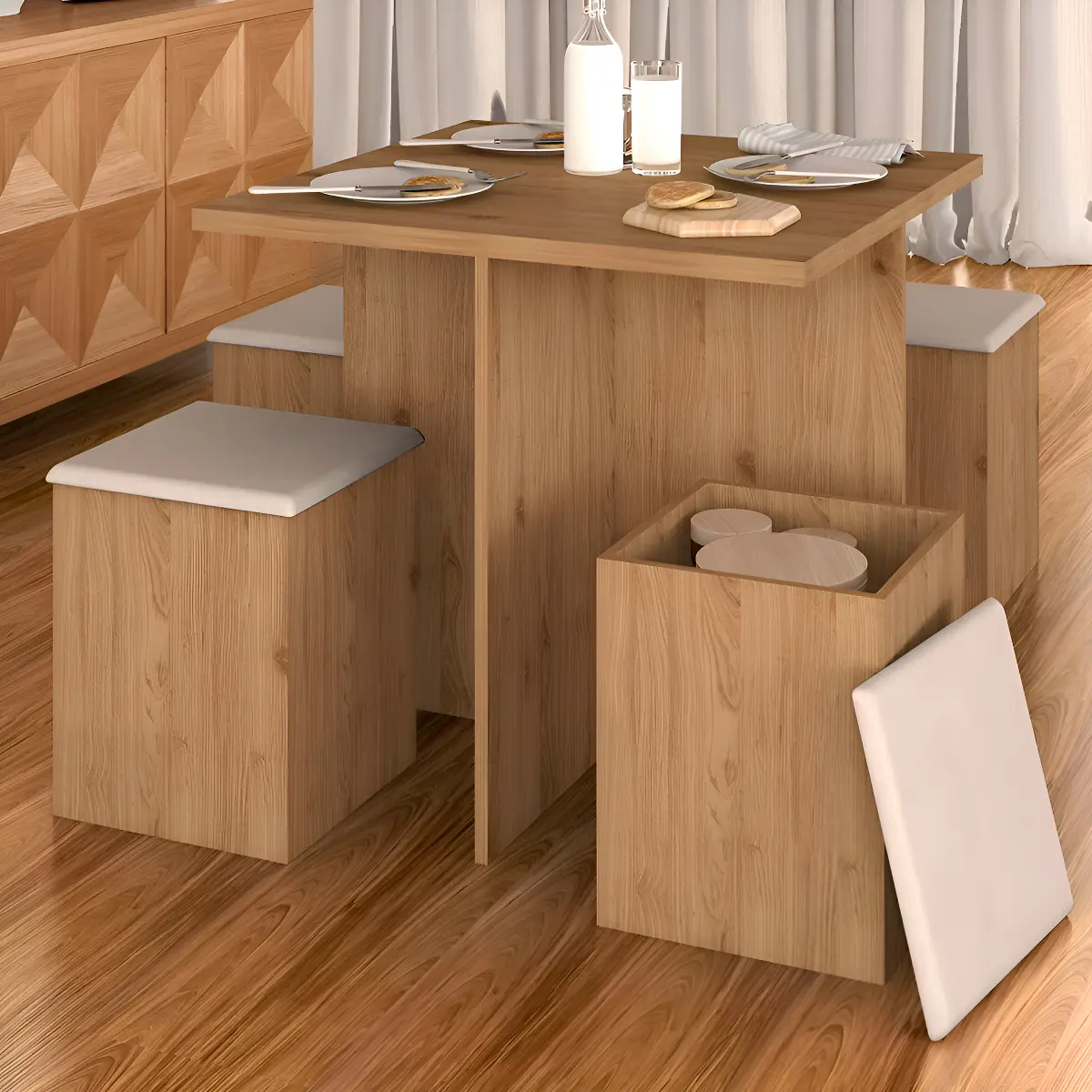 Conjunto Sala De Jantar 4 Banquetas Berlim Cinamomo Cor Cinamomo/bege 03 Desenho do tecido das cadeiras Liso