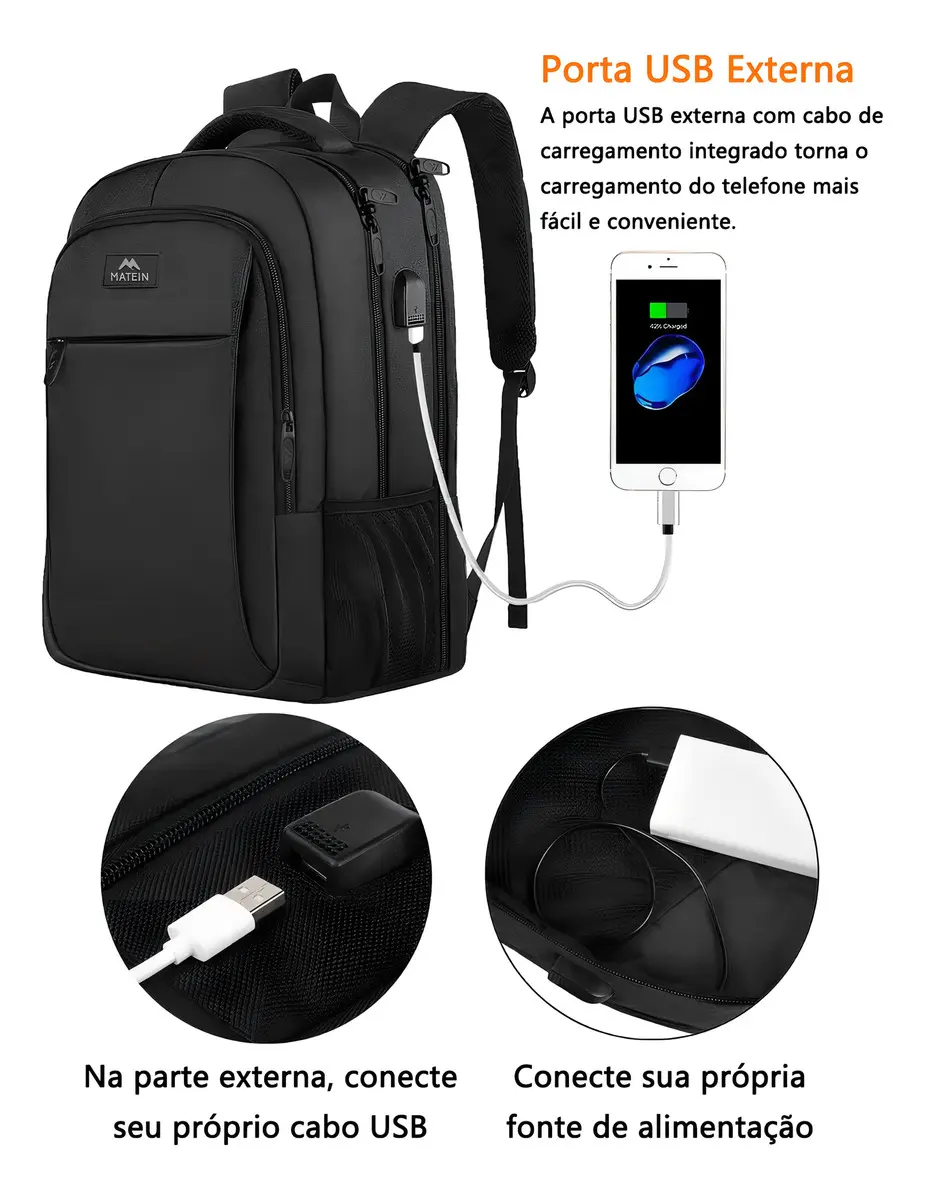 Mochila Para Notebook 15,6 Polegadas Mochila Escolar Antifurto Impermeável Reforçada Executiva Masculina E Feminina Para Trabalho Viagem Faculdade Matein 1007 Cor Preta 35l Preto Liso