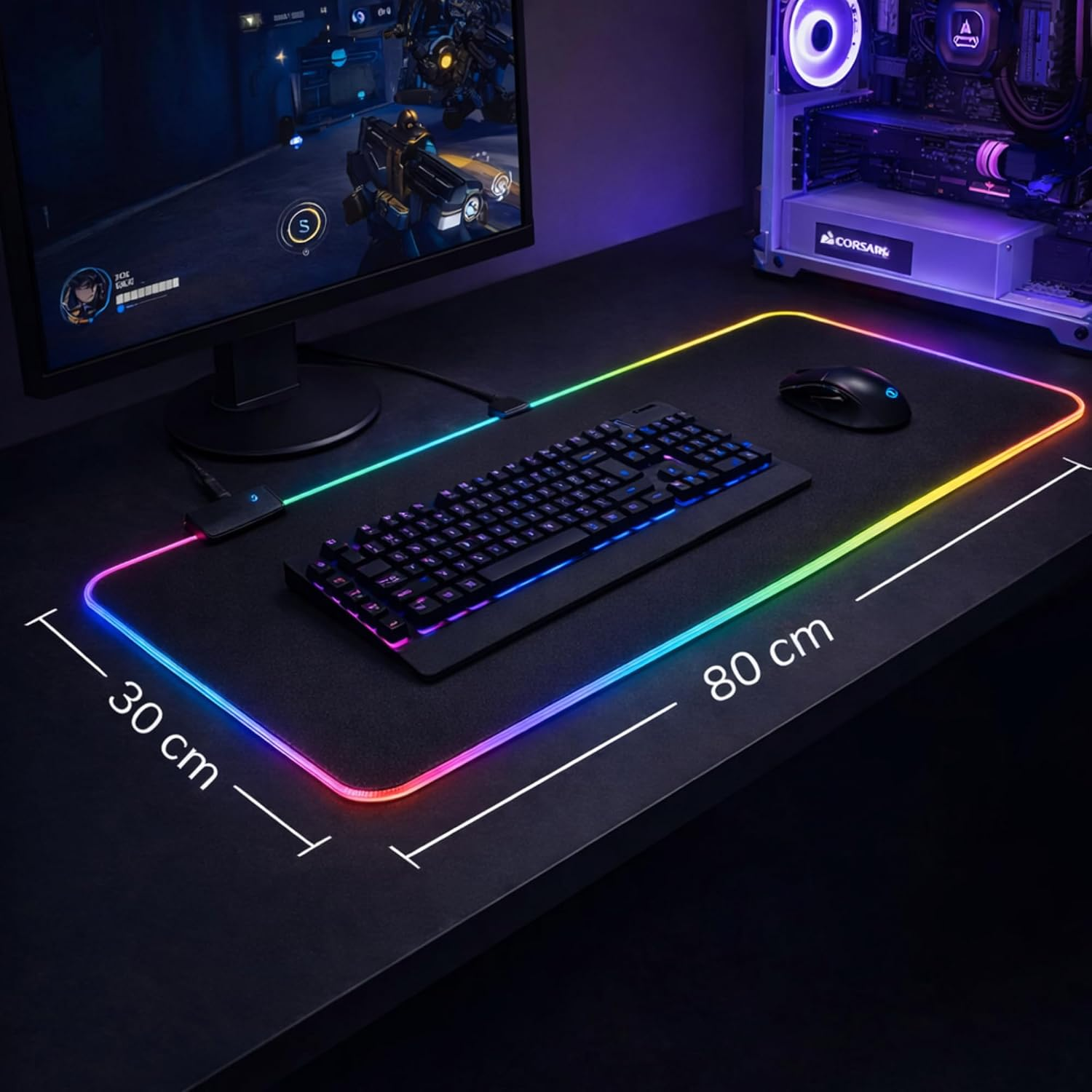 Mouse Pad Gamer RGB, 80x30cm Impermeável Antiderrapante com 13 Modos de Luz