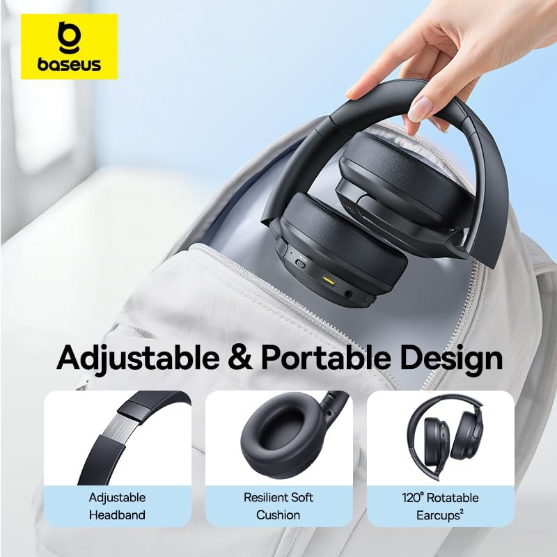 Fones de Ouvido Baseus Bass BH1 Lite com ENC, SuperBass 2.0, Áudio Hi-Res LDAC, 80h de Tempo de Reprodução, Design Dobrável e Confortável, Bluetooth 6.0 Preto