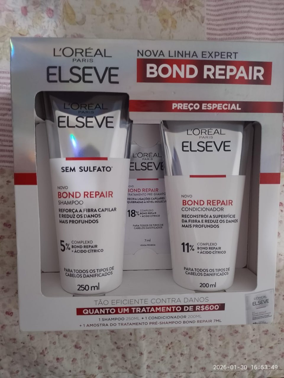 L'Oréal Paris Elseve Bond Repair Kit Reparação Molecular com Ácido Cítrico para Cabelos Danificados, Reconstrói Ligações e Devolve Força (Shampoo + Condicionador + Sachê Pré-Shampoo)