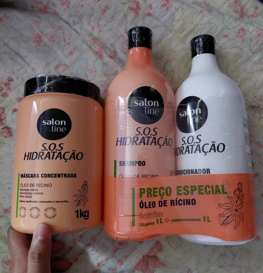 Kit Shampoo E Condicionador 1l + Máscara 1kg Sos Hidratação com Óleo de Rícino Linha de Tratamento Cabelos Danificados
