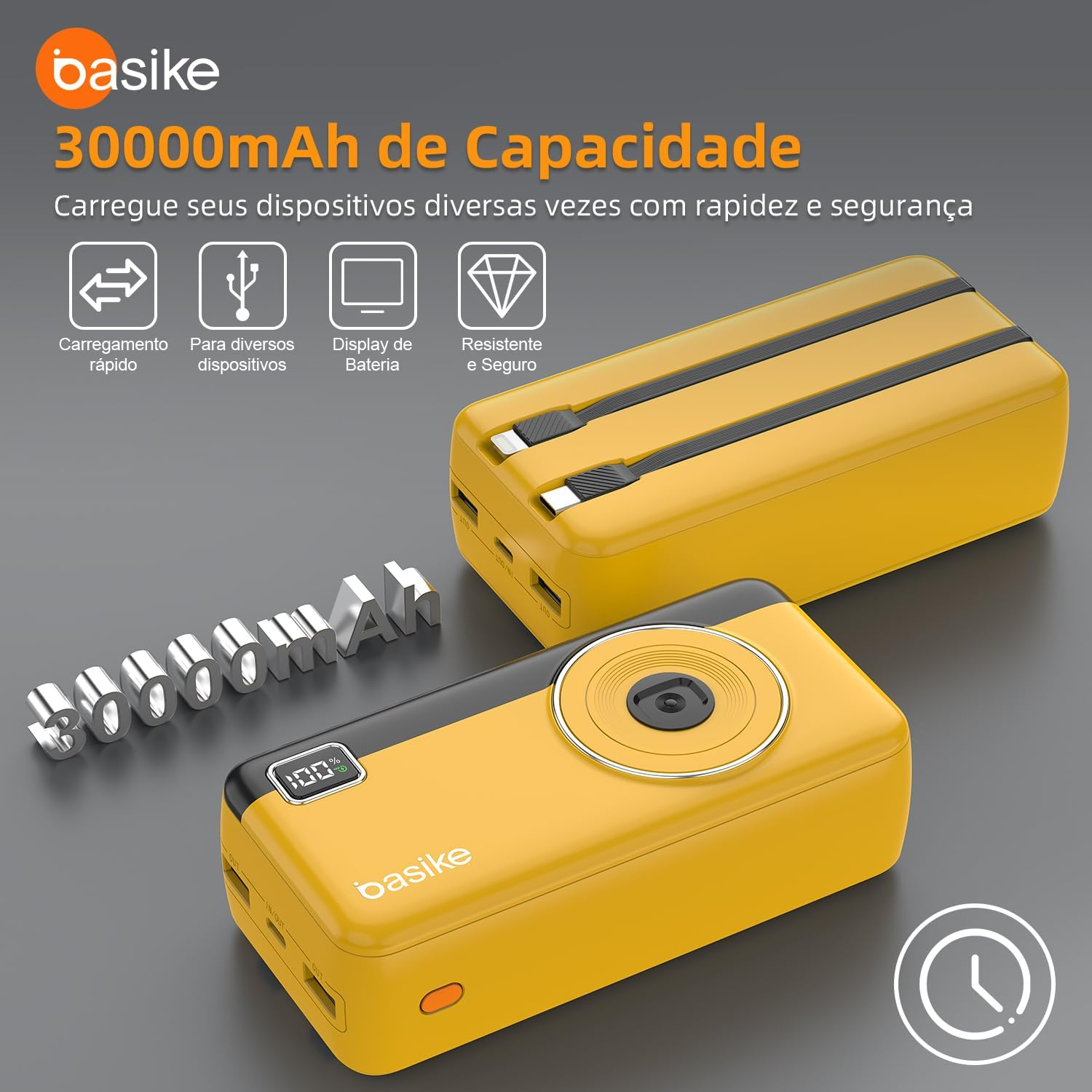 Power Bank 30000mAh, Basike Carregador Portátil 2 Saídas USB-A(até 22.5W) + Tipo-C(até 22.5W) com Cabo, Carregamento Rápido, Led Indicador de Bateria Proteção Inteligente (Amarelo)