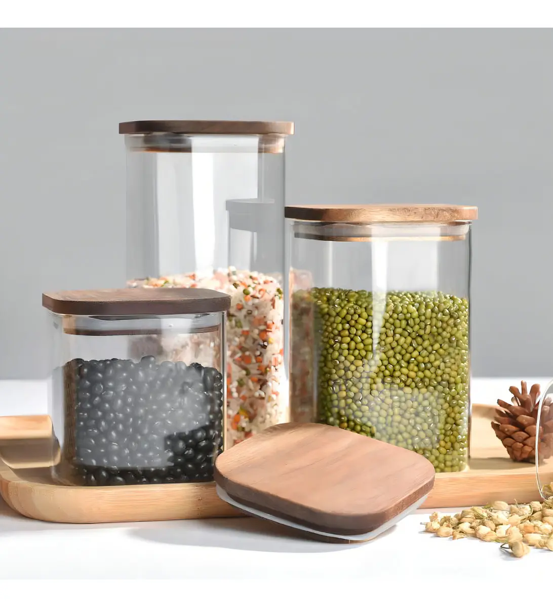 Kit 5 Potes Herméticos de Vidro com Tampa de Bambu para Armazenamento de Alimentos