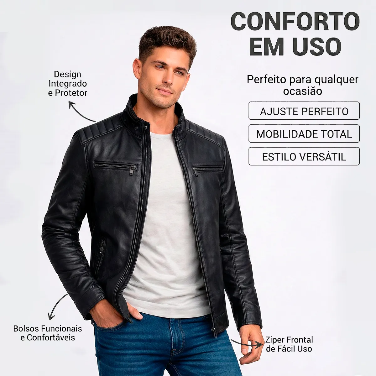 Jaqueta De Couro Masculino Slim Inverno Frio Sem Capuz