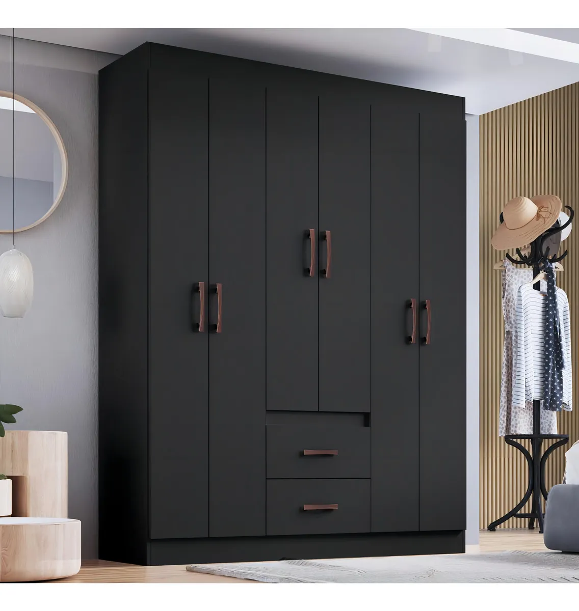 Guarda Roupa Solteiro 6 Portas 2 Gavetas Sidney Doripel Cor Preto