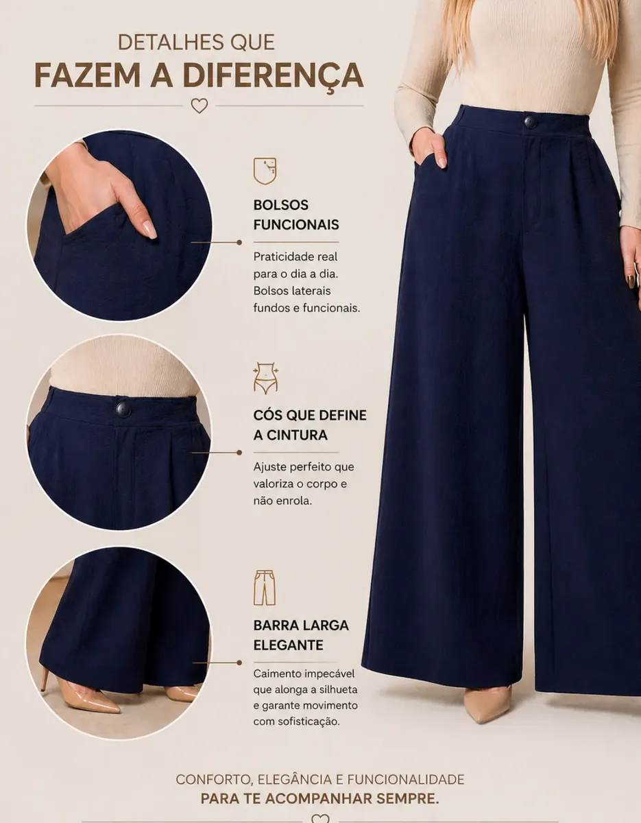 Calça Pantalona Wide Leg Duna Elegante Casual