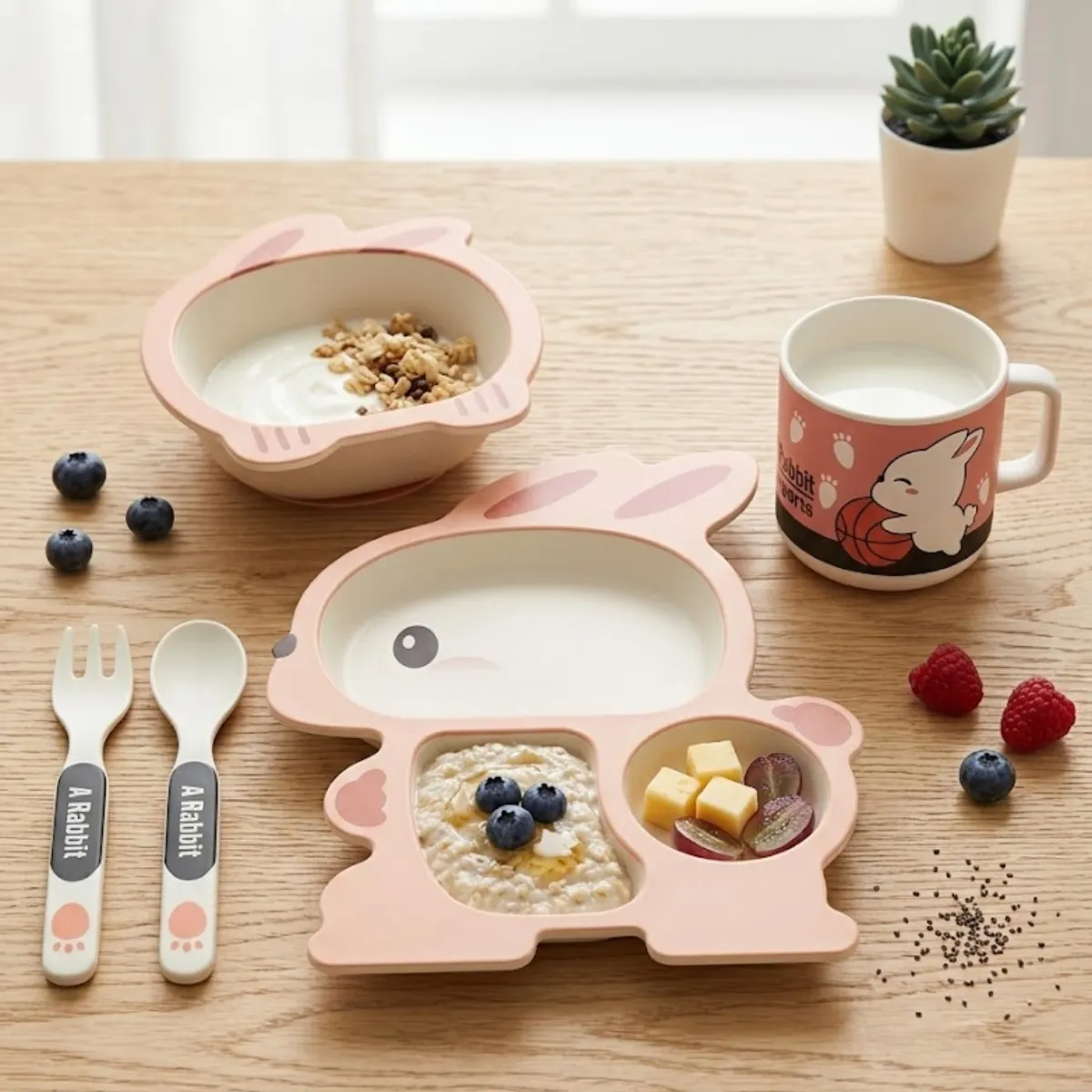 Kit Refeição Infantil Bebê Bambu 5 Peças Prato Copo Colher