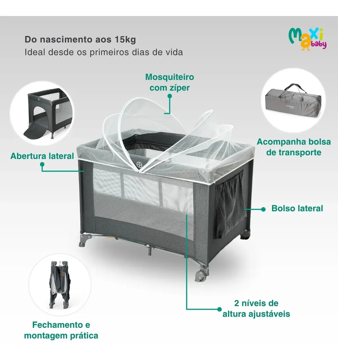 Berço Portátil Infantil Cercado 0-15kg Grafite Lazy Maxi Baby
