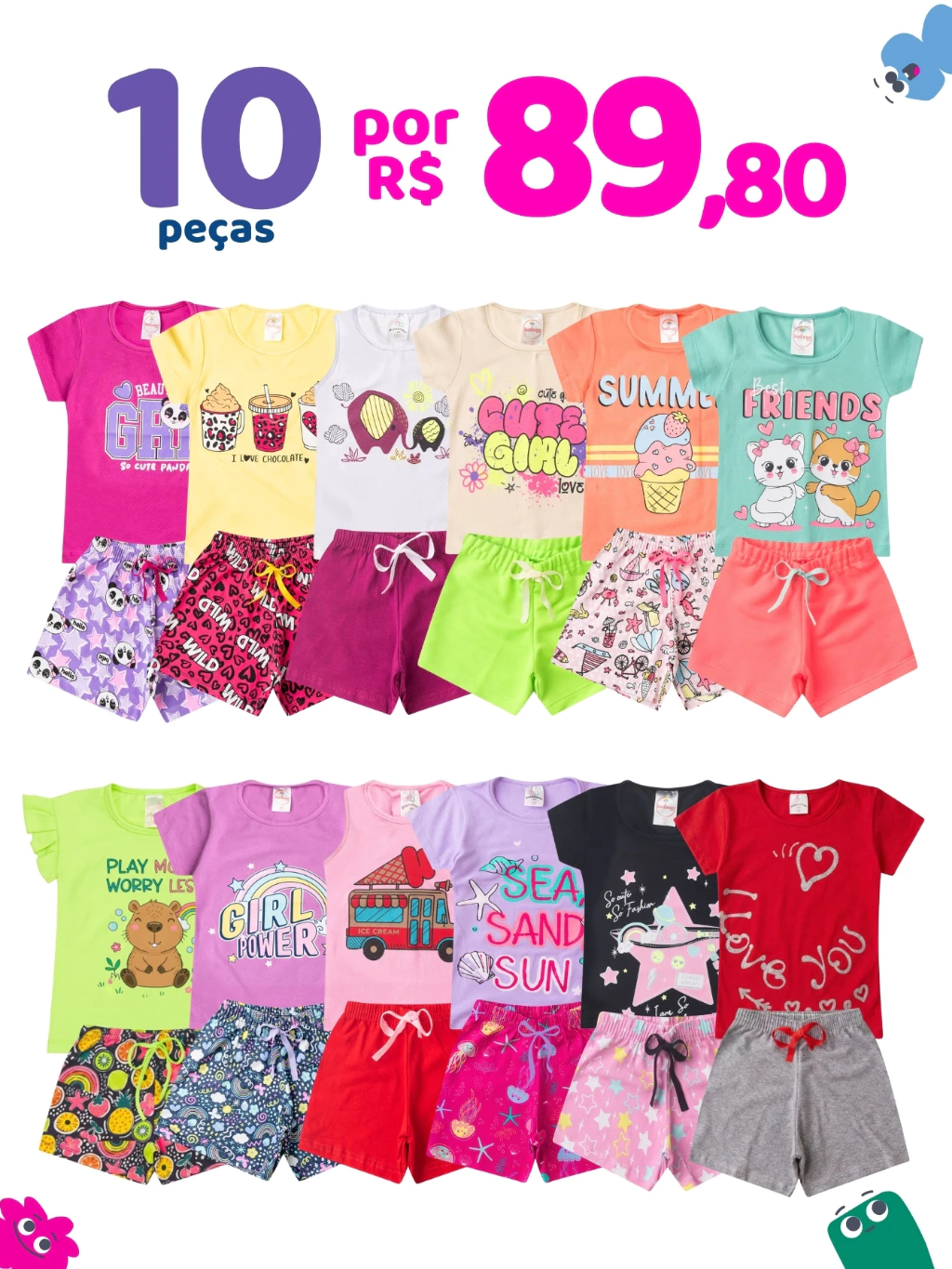 Kit 10 Peças Roupas Infantil Menina Sortido Verão - 5 Camisetas + 5 Shorts - Criança Feminina | Shopee Brasil