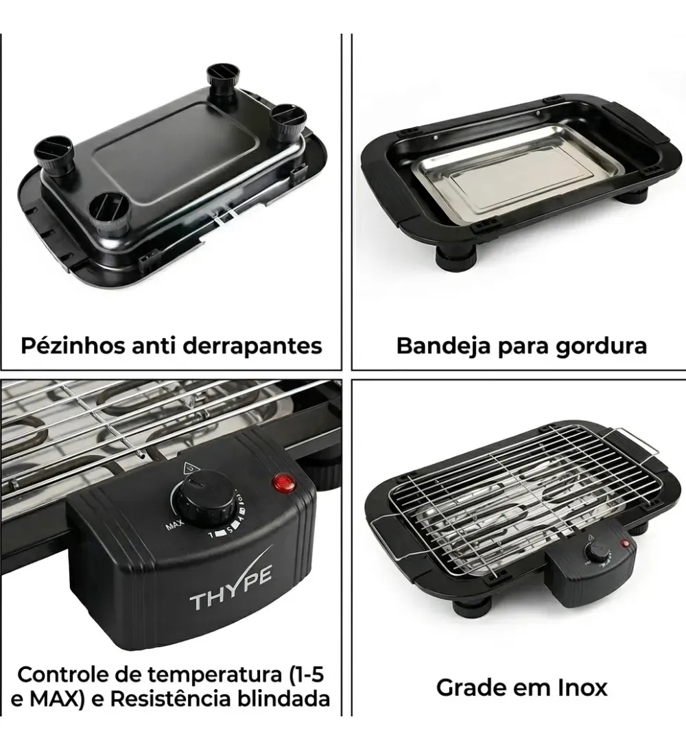Churrasqueira Elétrica Thype Portátil 1500w 5 Níveis Interna Sem Fumaça 220v