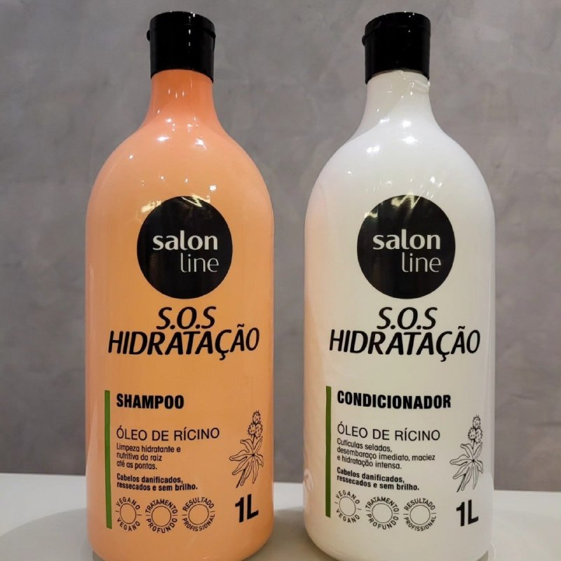 Salon Line, Kit Shampoo e Condicionador, SOS Hidratação, Óleo de Rícino, Vegano - Cabelos Lisos, Ondulados, Cacheados e Crespos, 1 L cada