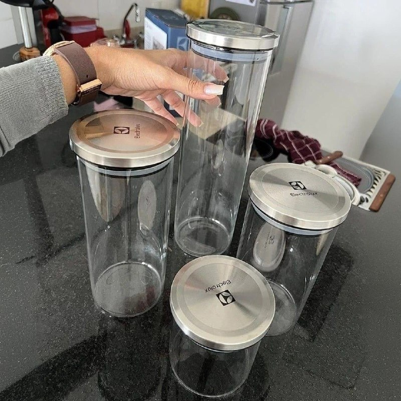 Electrolux Kit 4 Potes Herméticos de Vidro e Tampa Inox com Vedação, Porta Mantimentos e Alimentos
