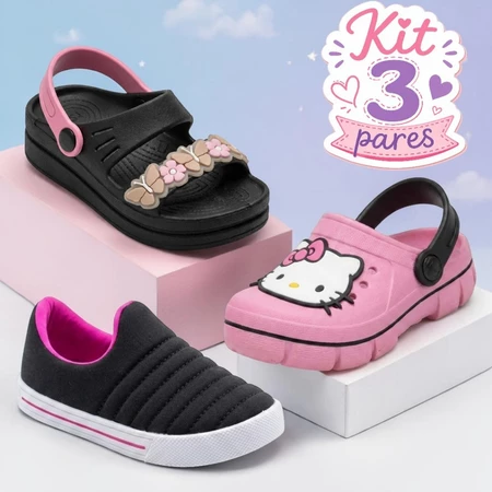 Kit 3 Pares Menina Infantil Babuche + Papete + Tênis Estilo Conforto | Shopee Brasil