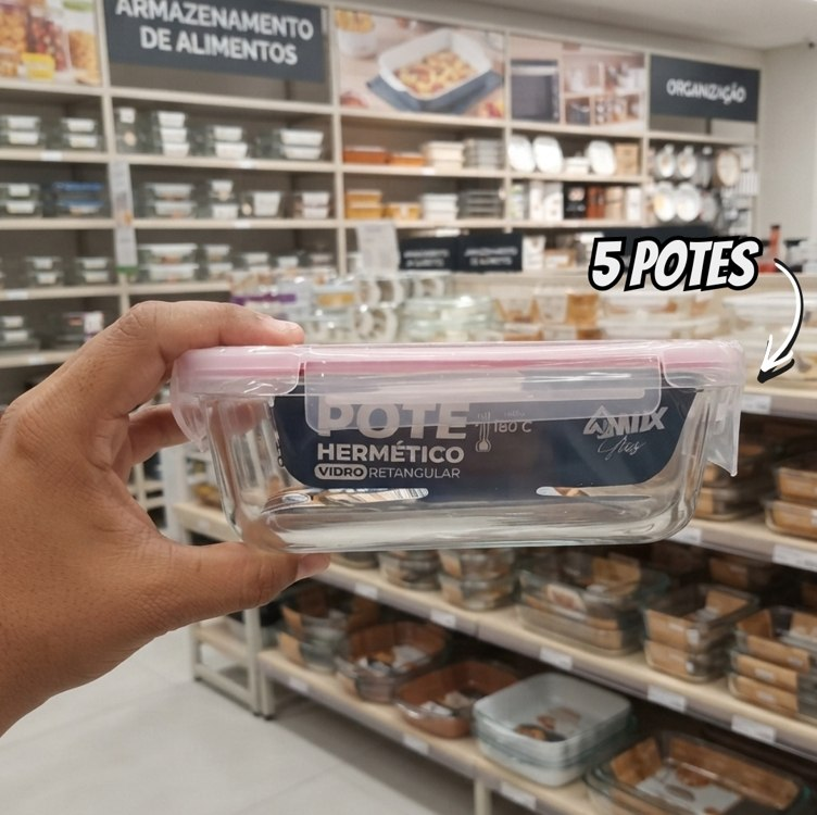 Kit 5 Potes Vidro Hermético 640ml Marmita Forno Micro-ondas Transparente
