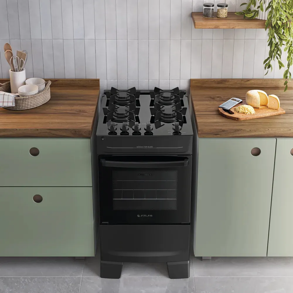 Fogão 4 Bocas Atlas Mônaco Top Glass Automático Mesa De Vidro Preto
