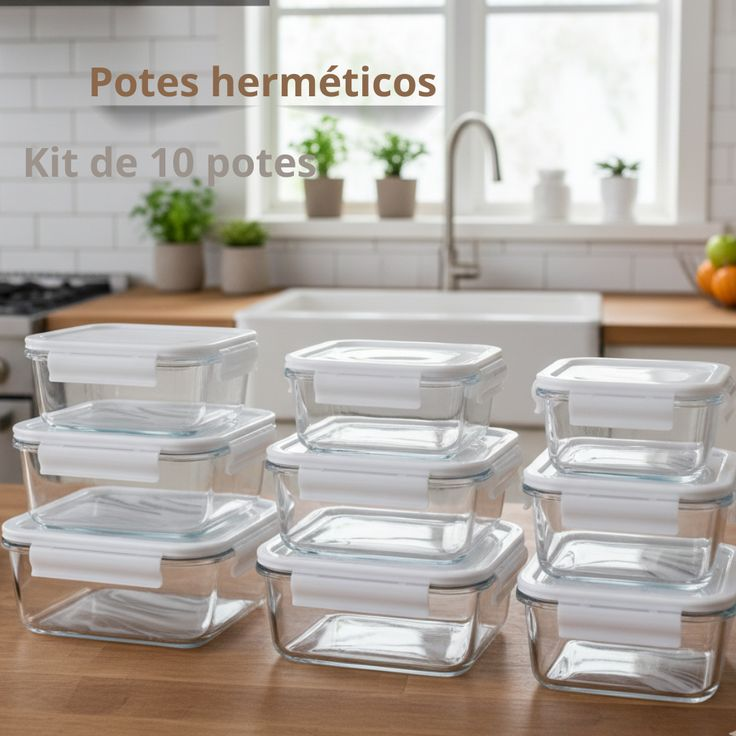 Kit 10 Potes Vidro Hermético Aristus 640ml Marmita Anti Vazamento Forno Micro-ondas Freezer Tampa 4 Travas - Cinza