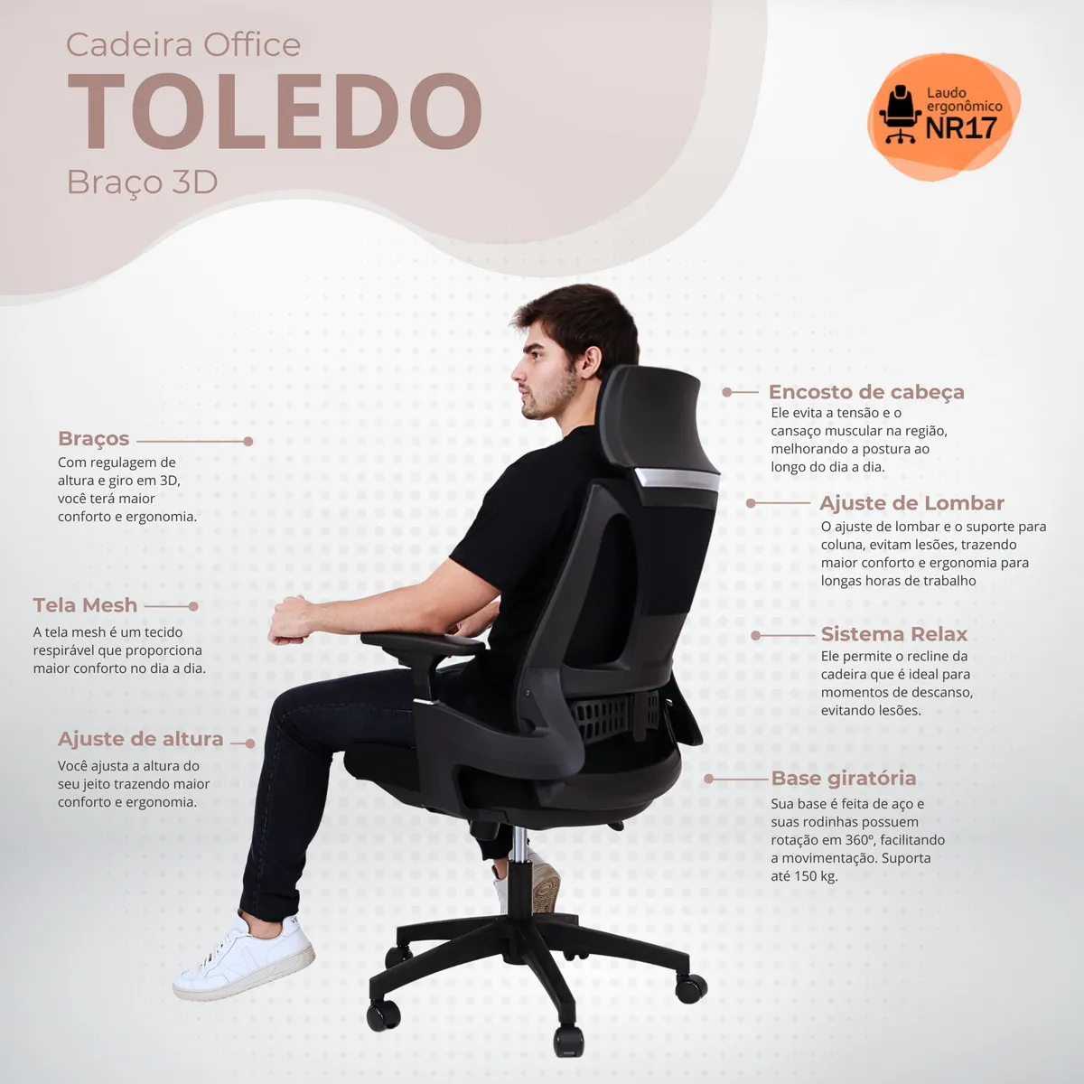 Cadeira De Escritório Presidente NR17 HomeNow Ergonômica Premium Toledo Cor Preto