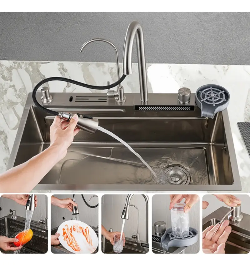 Cuba Cascata Premium Completa Com Acessórios Torneira Monocomando E Lavador De Copos Cozinha Gourmet Aço Inox 304 Cor Prata Widna