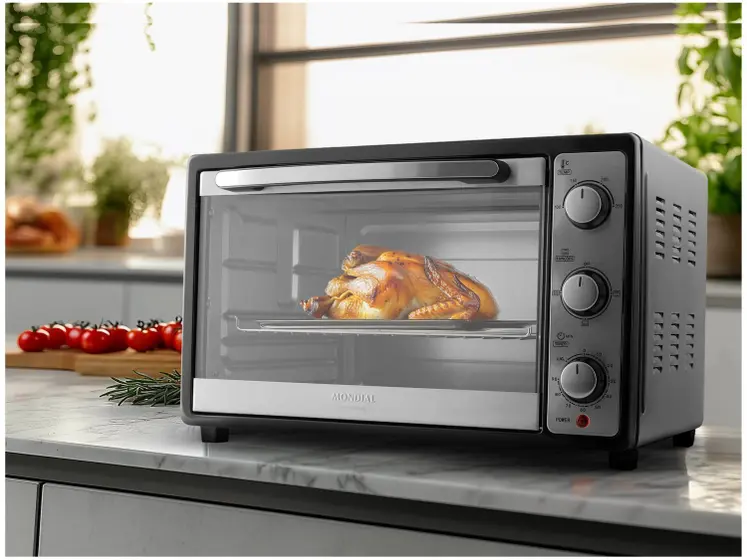 Forno Elétrico de Bancada Mondial com Timer - 52L Preto e Prata Grand Family II FR-52 - Forno Elétrico - Magazine Promosam