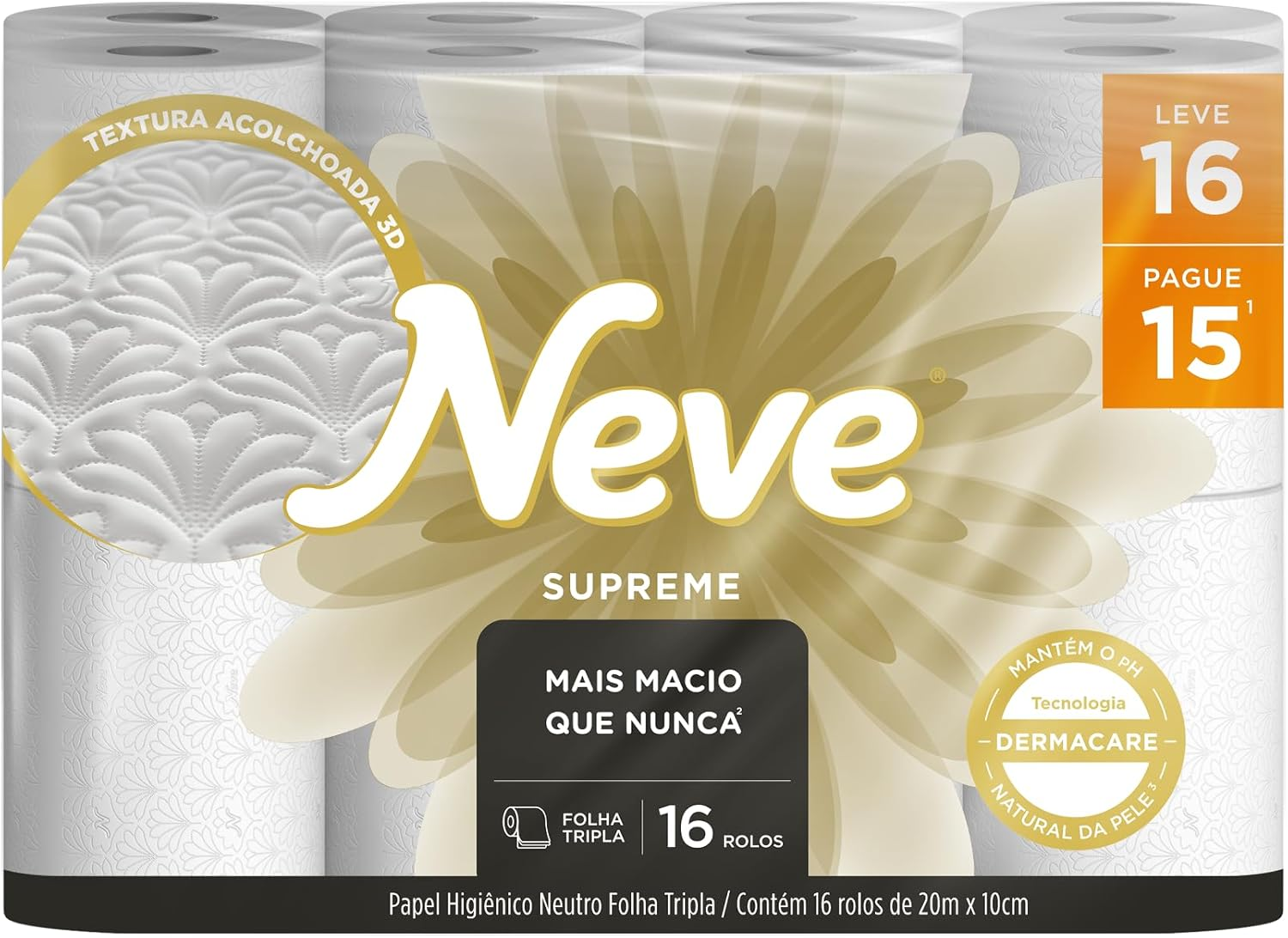 Neve Papel Higiênico Supreme Folha Tripla, 20m, Leve 16 Pague 15 Rolos