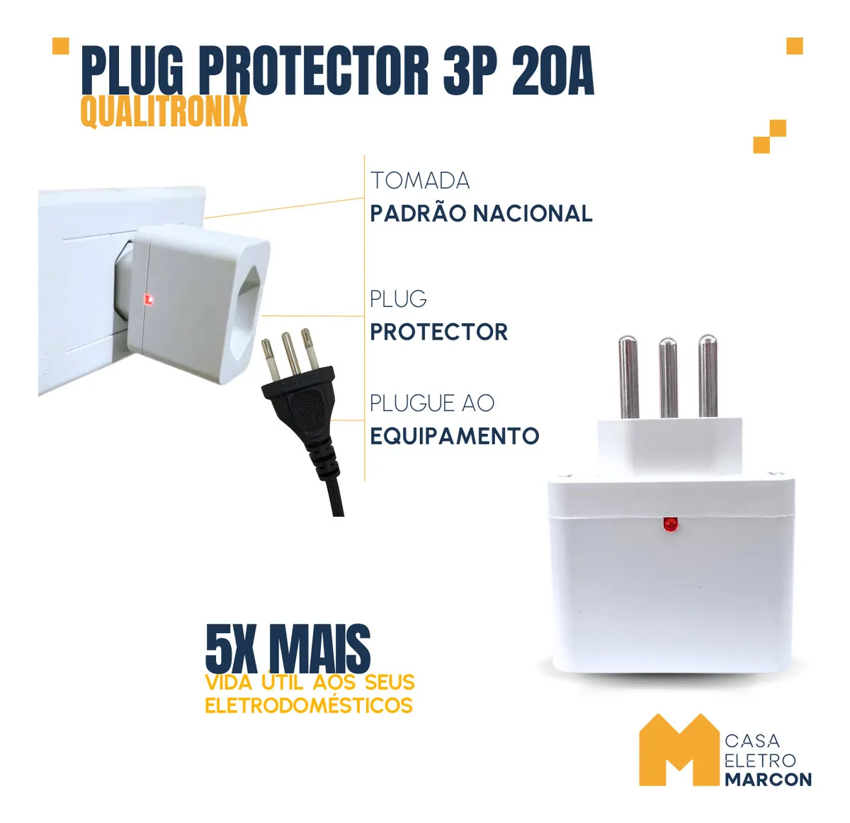 Protetor Elétrico Qualitronix 20a Bivolt Com Led 3 Pinos Dps Classe Iii Branco